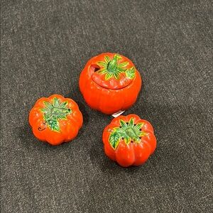 Ceramic Vintage Red Tomato Salt And Pepper Shakers & Seasoning Jar Set Japan